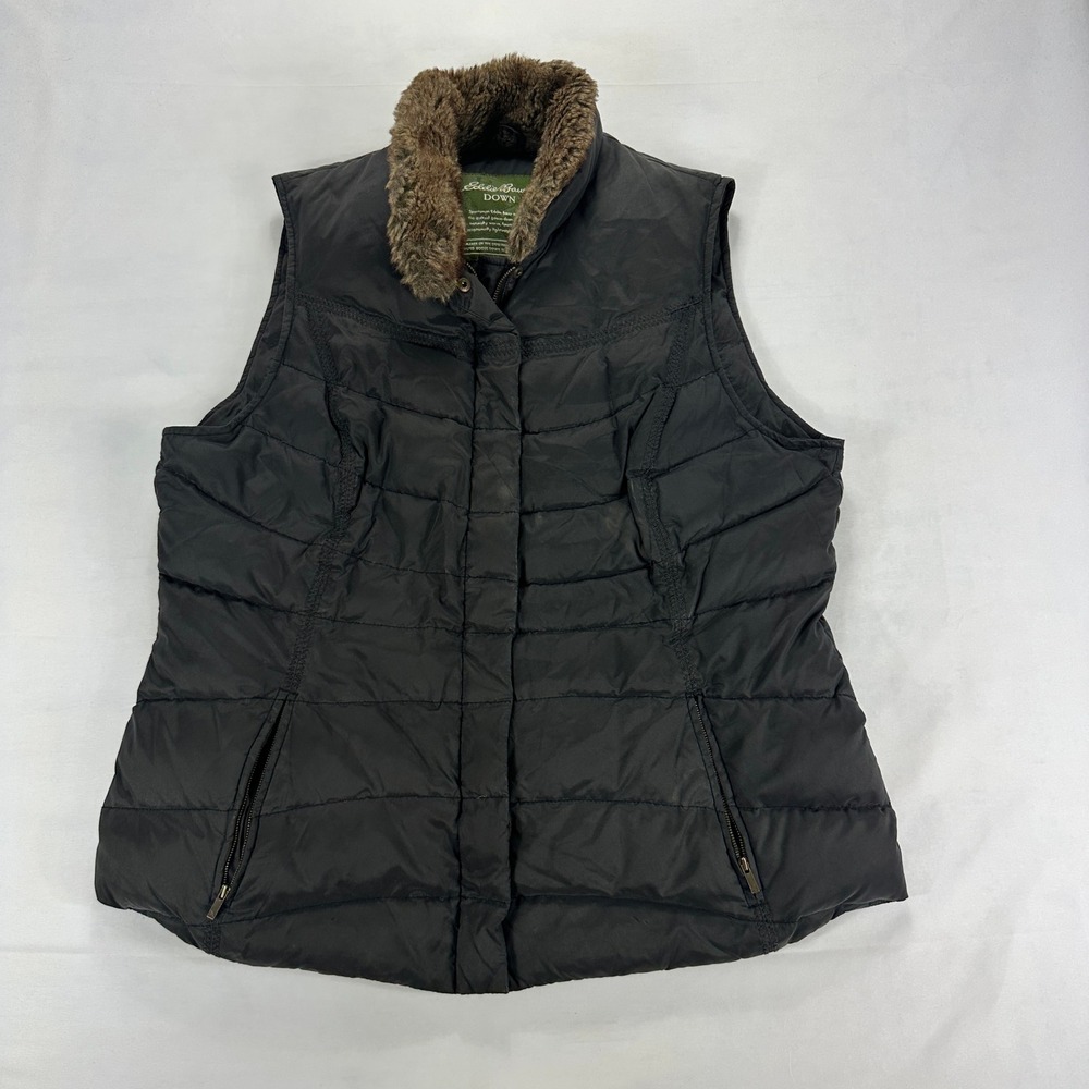 Eddie Bauer Down Puffer Vest Women's Faux‎ Fur Collar Black Goose Down Large